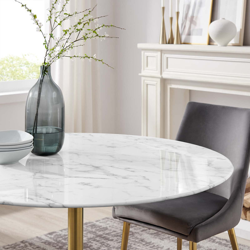 47" Round White Marble Dining Table with Gold Pedestal Base