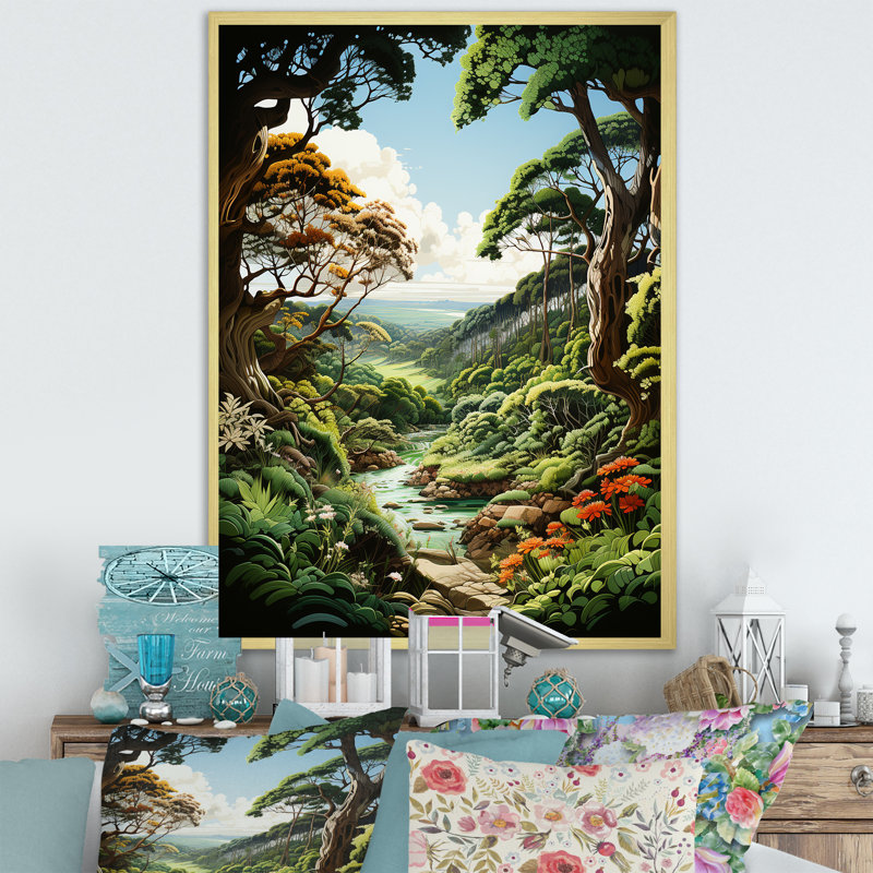 «River Into Enchanted Woods II», reproduction sur toile, Cadre doré simple, H 44 po x l 34 po x P 1,5 po