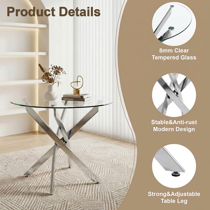 Round Dining Table, Glass Dining Table With Silver Legs, Modern Kitchen Table For Home Kitchen, Dining Room, Chrome