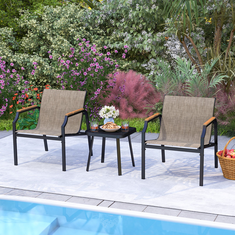 3 PCS Outdoor Chair Set Metal Frame Armchair & Table w/ Breathable Fabric Seat