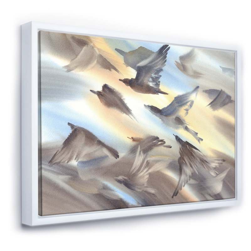 Vol d'oiseaux volant sur fond pastel, H 12 po x l 20 po x p 1 po, Toile blanche encadrée