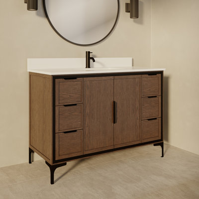 Thayer Solid Wood 48" W X 22" D Single Sink Bathroom Vanity In Jacobean With Stealth Organizer And Engineered Stone Top