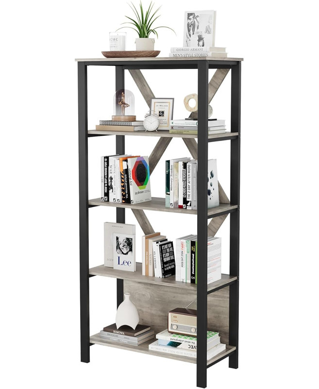 Floating Shelf Bookcase, (5 Shelves) 97.5cm. H x 48cm. W x 26cm. D, Grey/Black