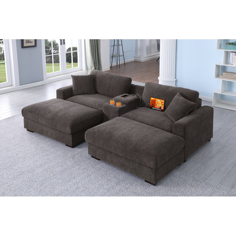 Upholstered Chaise Sleeper Sofa With Cup Holder Console & Ottomans, Dark Gray Polyester