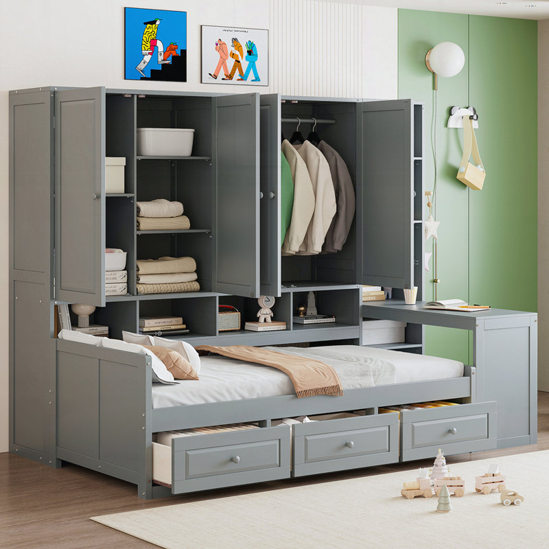 Lit de jour en bois avec trois tiroirs, armoire tout-en-un, bureau et tablettes, Simple, Gris