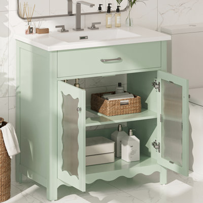 31" Bathroom Vanity With Vertical Striped Glass Doors, Adjustable Shelves, Soft-close Hinges, And Silver Pulls For A Cohesive Stylish Setup Curved Profile, Hinges Comfortable Organized Experience