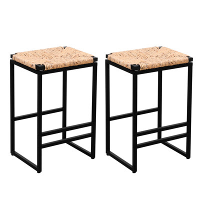 Water Hyacinth Backless Pair - Construction, Slip Screws 25" Height, 19Lbs Weight, Versatile Use Woven Bar Chairs  2  Iron, Comfy Seat For Dining Room & Vanity