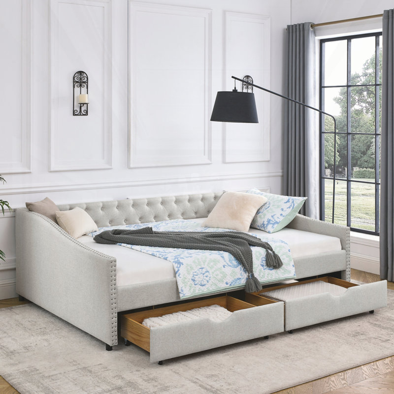 Lit de jour rembourré grand avec tiroirs, Beige, Grand lit