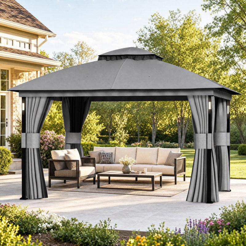 Louvre 11'X13' Steel Double Roof Soft Top Gazebo With LED Lighting And Bluetooth Speaker,Netting And Pravicy Curtains, Gray