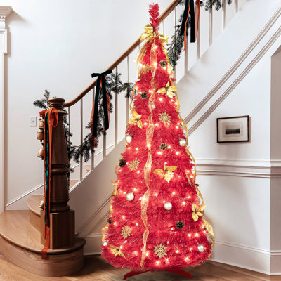 Arbre de Noël rouge de 6 pi avec 150 lumières DEL blanc chaud, entièrement décorées avec des éléments festifs