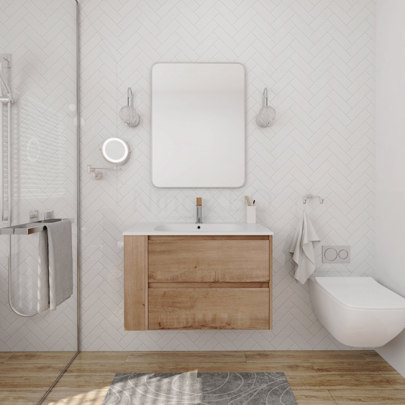 Meuble-lavabo mural 30 po avec lavabo en gel, tiroir à fermeture en douceur, Brun