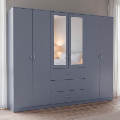 Modern 6 Door 3 Drawer Mirrored Wardrobe with Hanging Rail for Bedroom Storage & Organisation