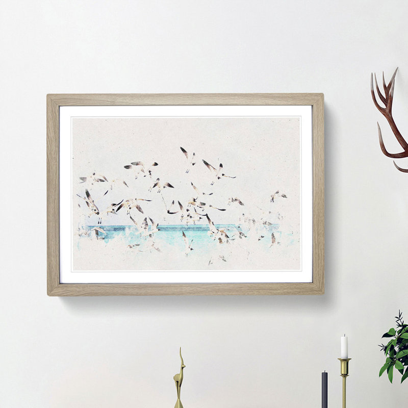 Flock of Seagulls over the Sea - Picture Frame Painting Print, Oak Framed, 36cm H x 48cm W x 2cm D