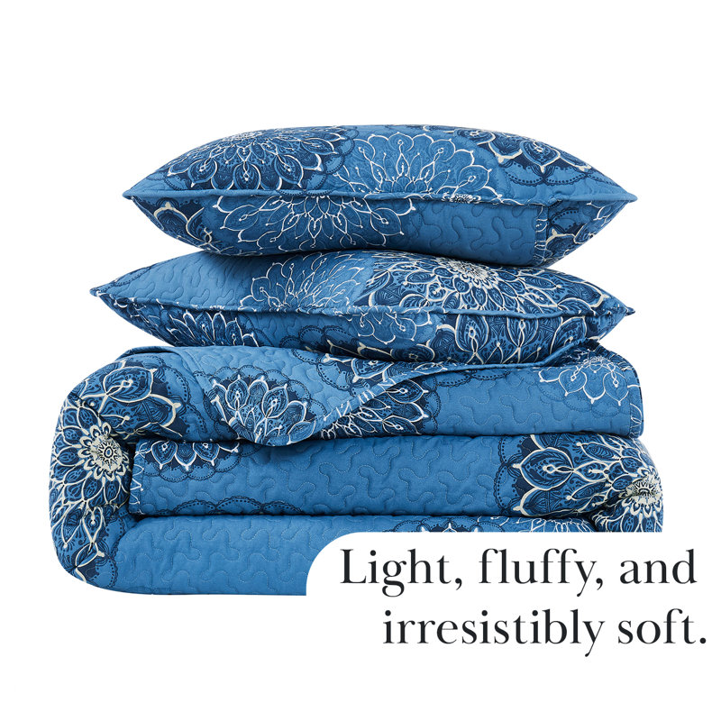 Midnight Floral Blue Microfiber Quilt Set, King/Cal. King Quilt + 2 King Shams
