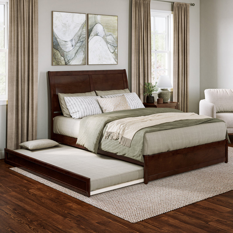 Lamayia Solid Wood Sleigh Platform Bed with Footboard & Roll Out Trundle, Walnut, Queen