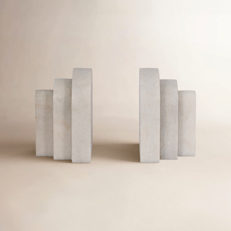 Set of 2 Bookends Contemporary Layered Arches 6" White Marble Bookends for Decorative Book Display