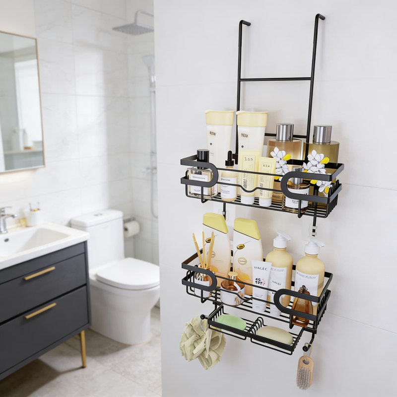 Over The Door Shower Caddy, 3-Tier Stainless Steel Hanging Organizer With 16 Hooks & Double Soap Holder, No Drilling Bathroom Storage Solution, Black