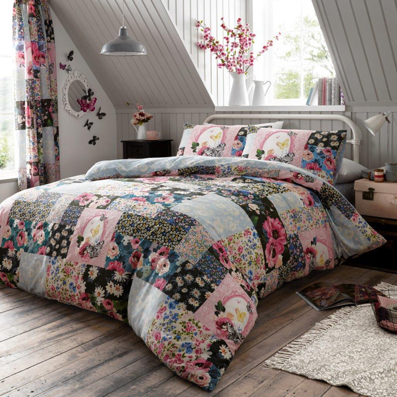Elegant Polycotton Floral Bedding Set Complete Duvet Cover with Pillowcases Single Double King & Superking, Double