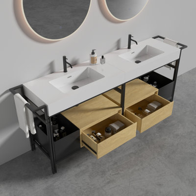 72" Bathroom Vanity Set With Sink (Separate) .Metal Frame Accented With Warm Wood Elements And Is Topped With A Seamless, Easy-To-Clean Artificial Stone Basin