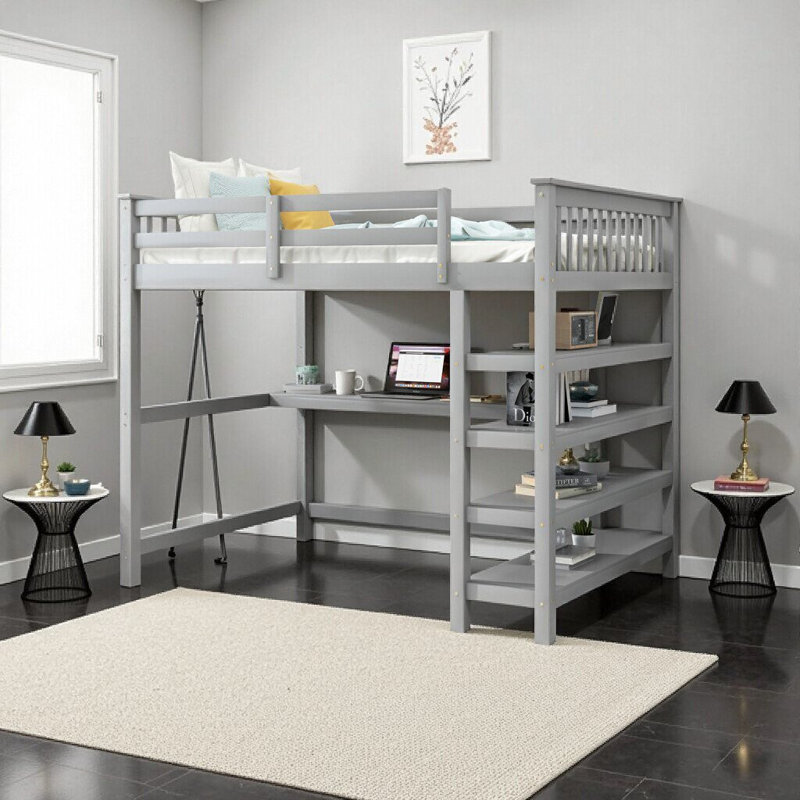 Lit mezzanine double gris avec tablettes de rangement et bureau sous le lit - Transformez votre chambre à coucher en un sanctuaire élégant et peu encombrant!