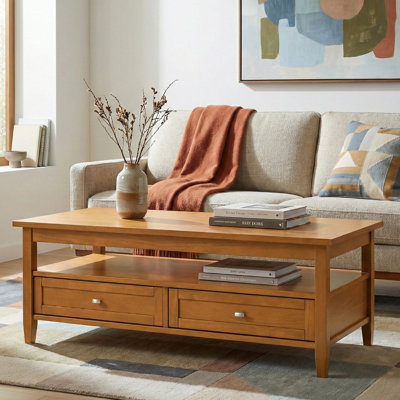 Warm Shaker 48"W Solid Wood Transitional Coffee Table with Storage Drawers and Open Shelf