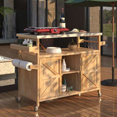50 Inch Solid Wood Outdoor Rolling Grill Cart with Stainless Steel Top