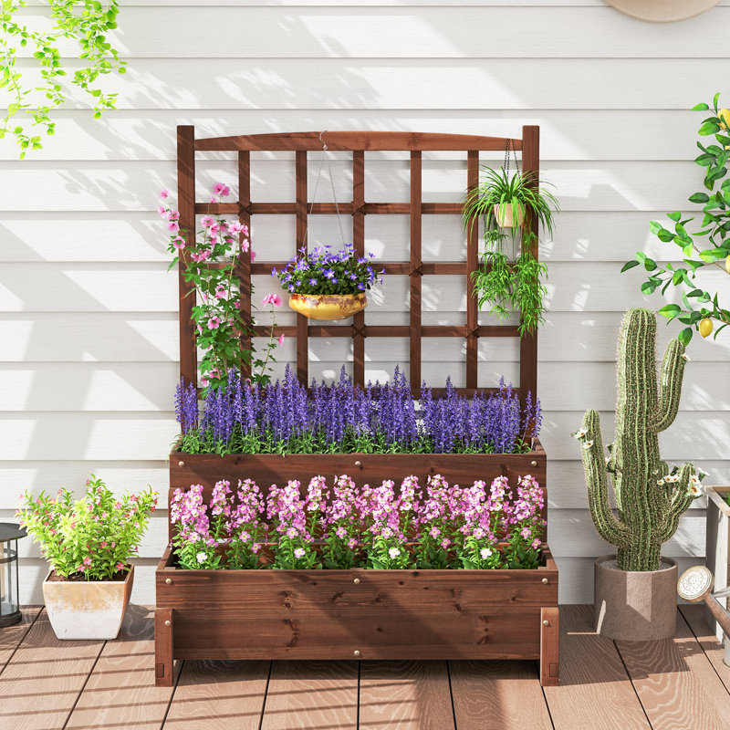 Raised Garden Bed w/ Trellis w/ Drainage Holes Legs Twisting Rope for Backyard