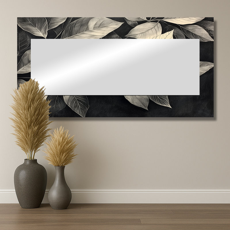 Grey Rustling Autumn Leaves II - Floral Mirror Wall Art - Printed On Metal, 28" x 55"