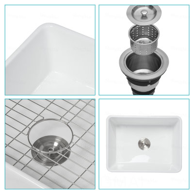 Évier de petite ferme - évier de cuisine 24 po x 18 po x 10 po à cuve simple en céramique à cuve simple réversible