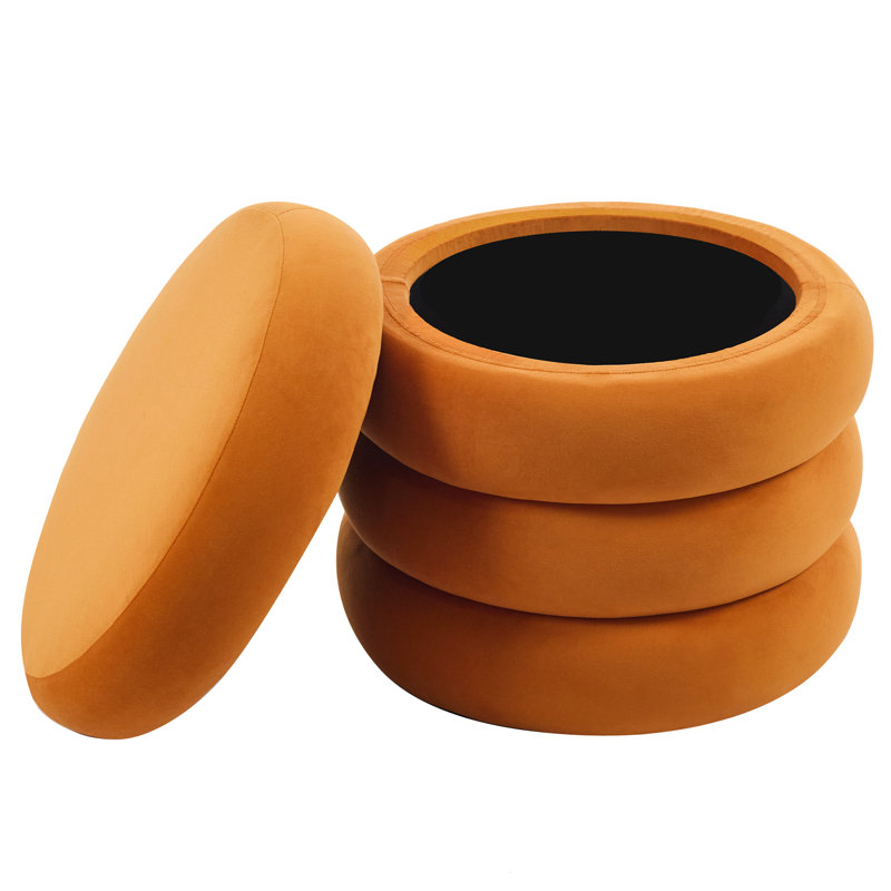 Leiani 19.5" W Round Upholstered Storage Ottoman , Orange Velvet