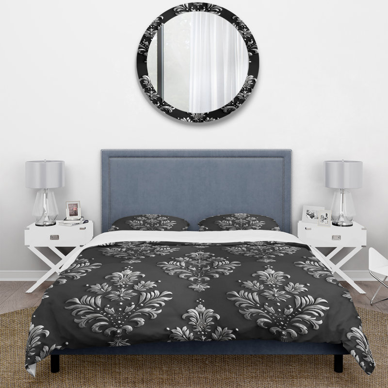Ensemble de housse de couette damassé noir et argenté, Housse de couette pour grand lit + 2 taies décora