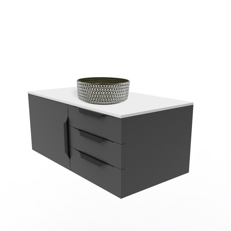 Wildsee 36" Floating Single Bathroom Black Vanity Set With Pink Tempered Glass Vessel Sink, Black, Silver