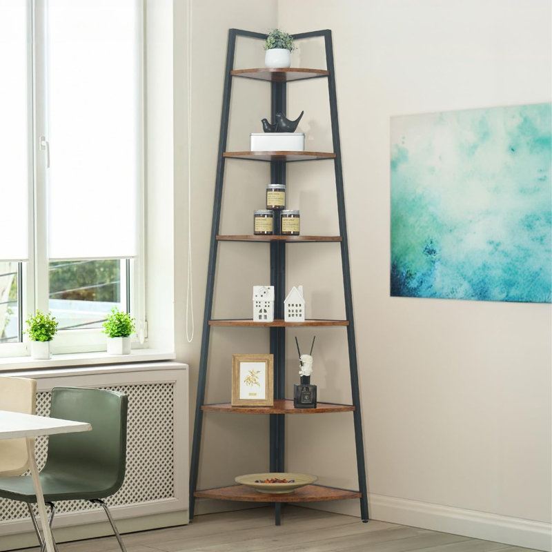 6-Tier Tall Corner Shelf Stand, Display Shelves, Ladder Corner Wood Storage Plant Bookshelf with Metal Frame, Versatile Shelving Unit Bookcase for Home Office Space, Rustic Oak