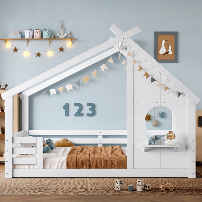 Lit House House avec fenêtre et petite tablette, Double, Blanc