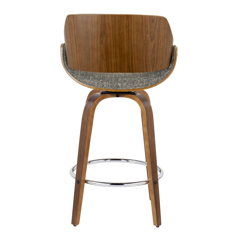 Linnetta 26" Mid-Century Modern Fixed-Height Counter Stool With Swivel In Walnut Wood And Noise Grey Fabric With Round Chrome Metal Footrest- Set Of 2
