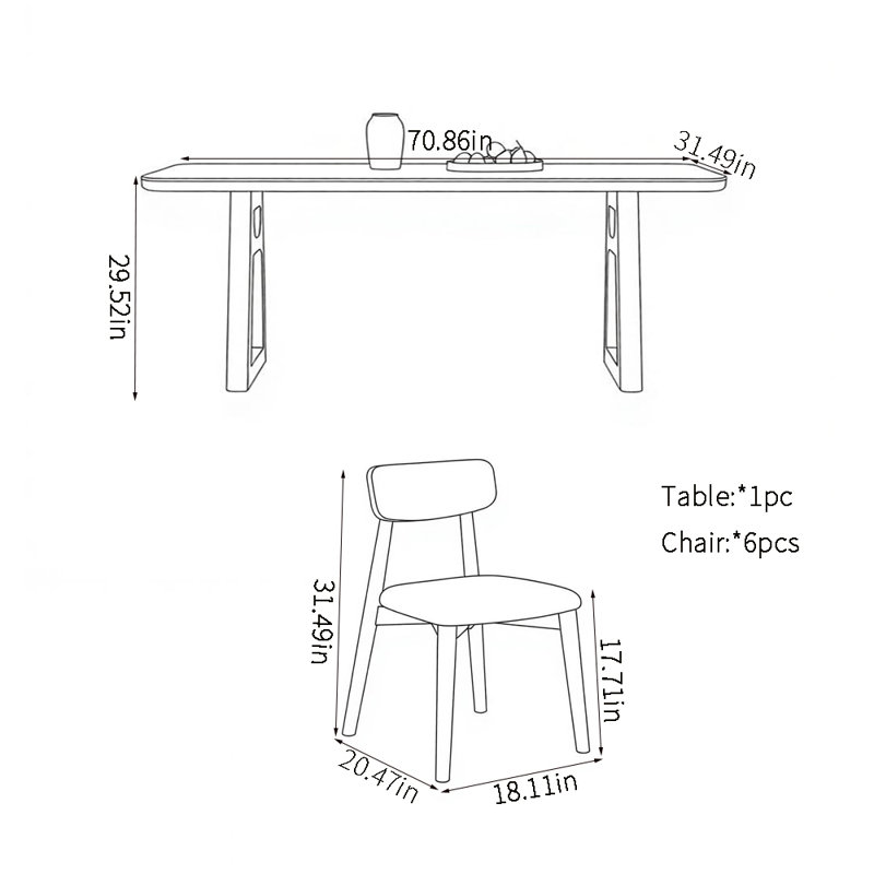 Ensembles de table de salle à manger exquis et tendance, H 29,52 po x l 70,86 po x P 31,49 po, 7 pièces : table, 6 chaises