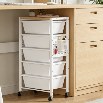 Chariot roulant à cinq tiroirs, chariot de rangement en plastique avec roues et plateau de table en bois, chariot multifonctionnel en métal avec planche suspendue, convient au bureau, au salon, à la salle de classe et au rangement et à l'organisation d'artisanat