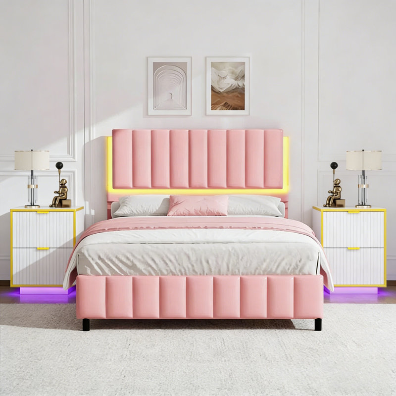 Ensemble de lit plateforme tapissier à DEL avec 2 tables de chevet modernes à DEL - ensemble de chambre à coucher 3 pièces