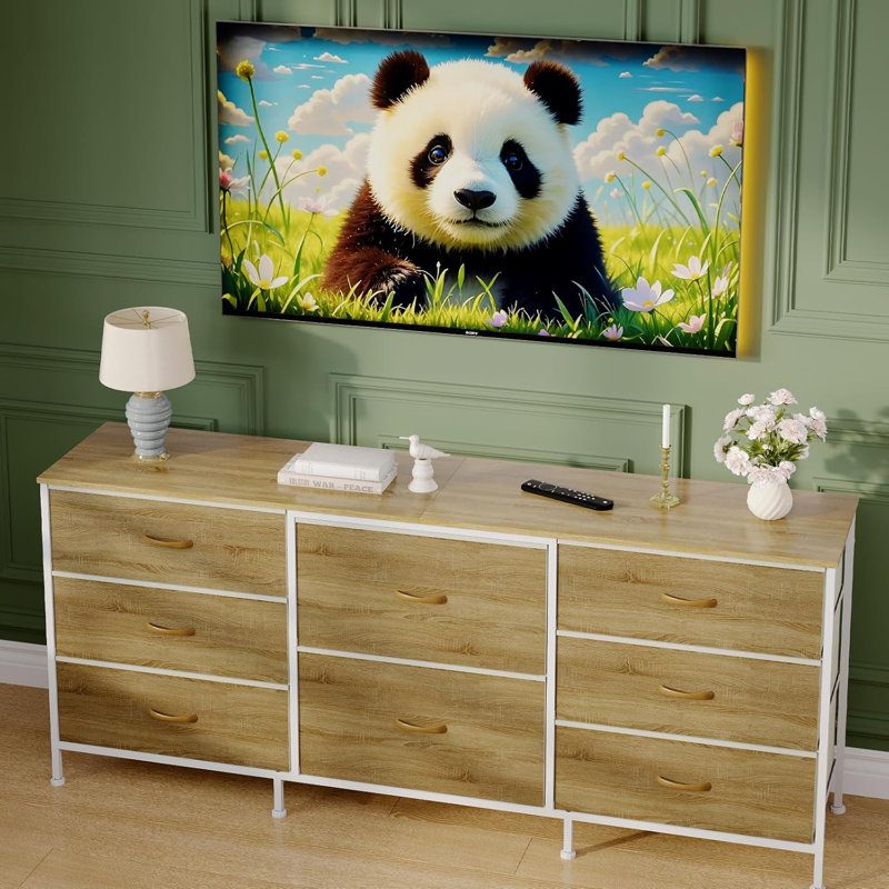 Meuble télé 8 tiroirs, commode en tissu, Jaune