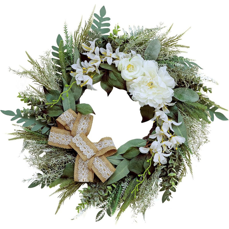 Couronne de verdure et de fleurs blanches d'hiver - Vert - Décoration de Noël et des Fêtes extérieure