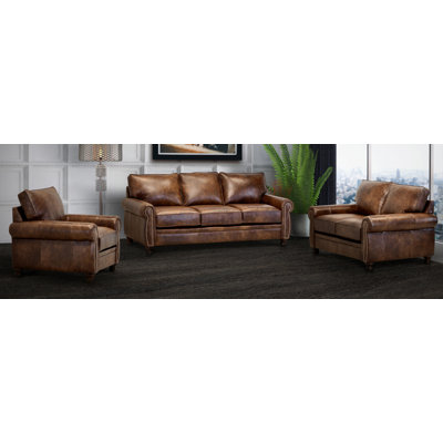 Ghonge Brown Top Grain Leather Sofa, Loveseat And Chair
