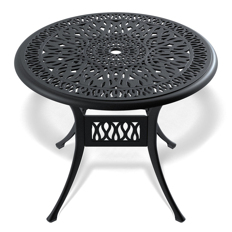 Table de salle à manger de patio en aluminium coulé 35,43 pouces avec structure noire et trou pour parasol