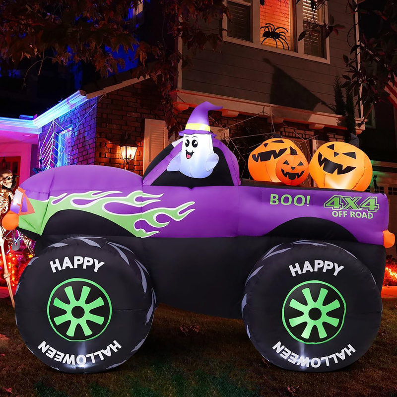 Décorations d'extérieur pour camion gonflable de 8 pi de long Halloween gonflable avec une citrouille et un camion avec des DEL intégrées pour le jardin