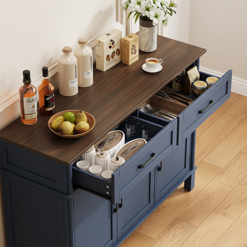 Buffet Buffet avec tiroirs, tablettes et portes, H 34,2 po x l 47,2 po x P 14,9 po, Blue/Walnut