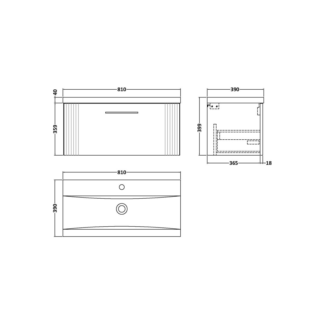Nuie Deco 800mm Wall Hung Single Drawer Vanity & Basin - Satin Grey - Grey - Image 2