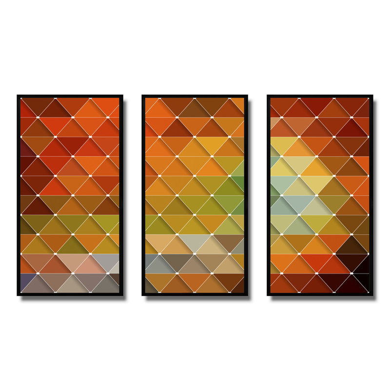 Triangulaire géométrique rouge, gris et vert - ensemble de 3 reproductions sur toile flottante, Cadre noir