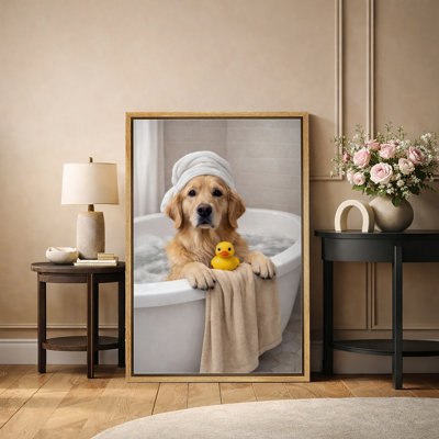 Mignon Golden Retriever Bath Time Duck, impression sur toile, impression sur toile encadrée