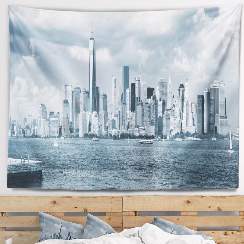 Tapisserie paysage urbain noir et blanc de Manhattan, H 68 po x l 80 po
