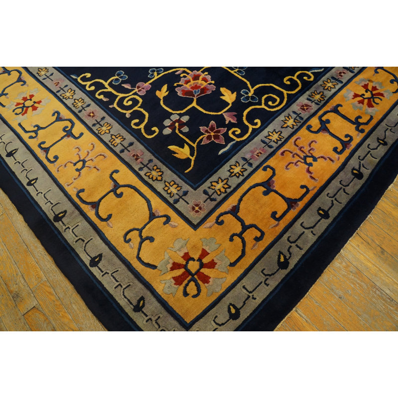 Rectangle 1920s Antique Wool Blue Hand Knotted Pile Large Rug