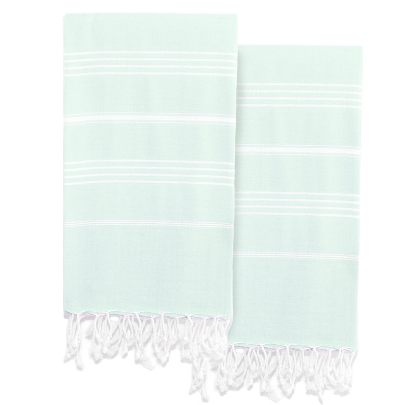  Ensemble de 2 serviettes en coton turc, Turquoise doux / blanc